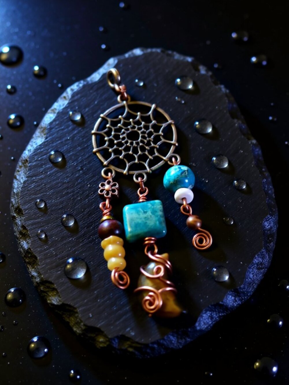 Handmade: DreamCatchers Web Pendant w. Semi-Precious Stones + Tigerseye Moon